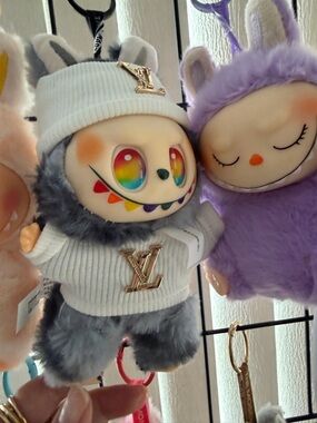Gray Plush Bunny Keychain with Rainbow Eyes - Designer-Inspired Accent
